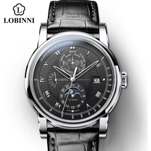 LOBINNI Multifunction Tachymeter Mens Sport Watch Leather Self Wind Automatic Men Watch Moon Phase Haiou часы механика мужские