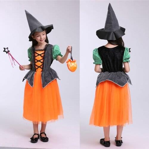 Children Halloween Costume Witch Cosplay Contrast Color Dress Cap Candy Bag Masquerade Party Role Play Kids Clothes