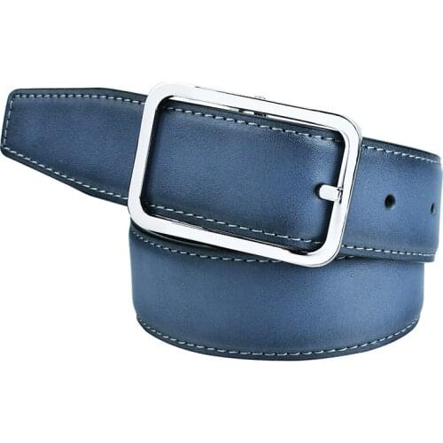 Men Belt Blue Genuine Leather Belts Reversible 90 cm-125 cm Strap with Pin Buckle for Wedding Party