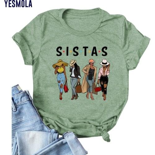 YESMOLA Womans T-shirts Sistas Letter Print Harajuku Summer Tshirts Casual Round Neck Short Sleeve Top Loose Fashion Tee Shirt