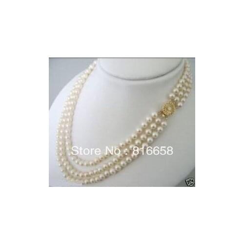 Beautiful 3rows 7-8MM white Freshwater pearl necklace 17"18'19"