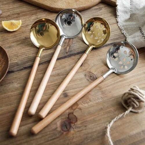 Soup Spoon Wooden Handle Soup Spoon Colander Hot Pot Drain Spoon Kitchen Cooking Spoon