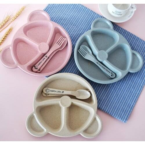 Baby Feeding Food Dinnerware Set Wheat Straw Infant Learn To Eat Spoon Fork Cartoon Bear Training Plate Dishes Free Shipping