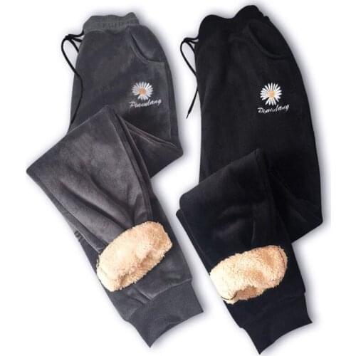 Slim Women Pant Winter Lambskin Cashmere Pants Warm Female Casual Pants Harem Pants Lined Fleece Printed Autumn Sweatpants