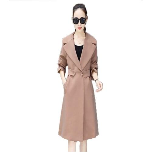 Spring Autumn Womens Plus Size Fashions Solid Medium Long Overcoat 2019 New Female Casual Trench Turndown Collar Coat Korean