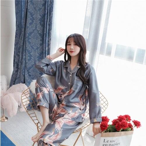 INS Spring and Autumn New Pyjama Womens Ice Silk Long Sleeve Cardigan Fat Two-piece Set Korean Version Home Wear Woman