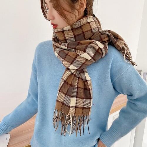 Korean style Of Chequered Scarf Women Winter 2021 New Imitation Cashmere Tassel Shawls Warm Scarf Women