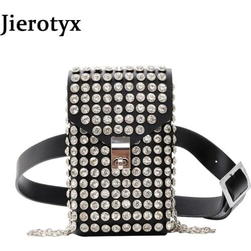 JIEROTYX Luxury Full Rhinestone Women Phone Waist Bags Detachable PU Leather Waist Belt Shoe chain Crossbody Shoulder Bag Pack