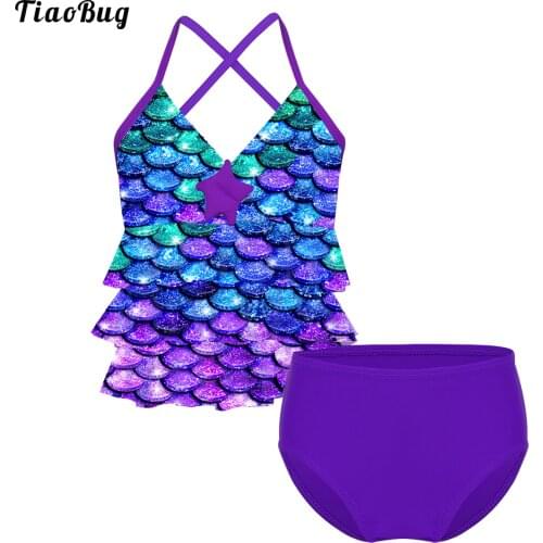 TiaoBug Summer 2Pcs Kids Girls Mermaid Scales Printed Starfish Bikini Swimsuit Swimwear Bathing Suit Tops With Bottoms Set