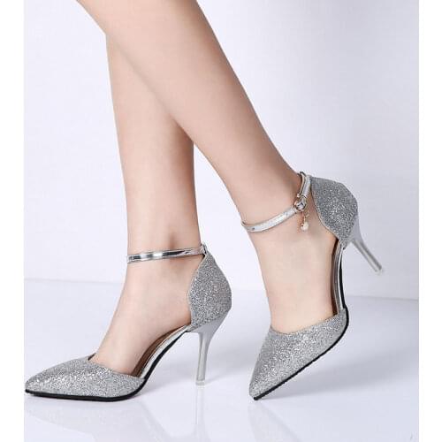 Fashion Buckle Crystal Bling Pumps Women Elegant Thin High Heels Point toe Party Wedding Shoes Woman Sexy Bridal Pumps Stiletto