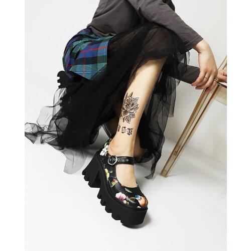 Plant And Flower Stitching Dark Gothic Style Platform Shoes Thick Heel Super High Waterproof Shallow Buckle Platform Shoes
