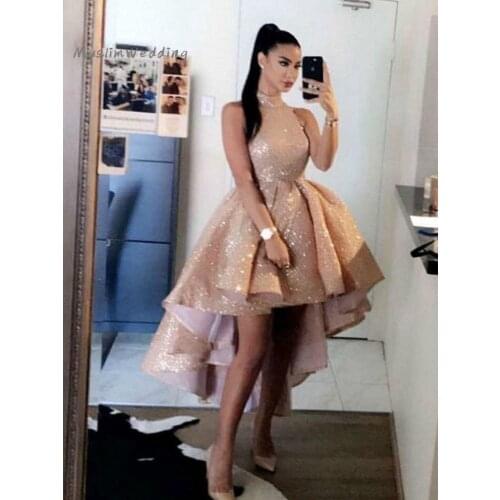 Bling Bling Rose Gold Evening Dresses High Low Front Short Formal Prom Dress 2020 Cheap Sequined Dance Night Party Dress Glitter