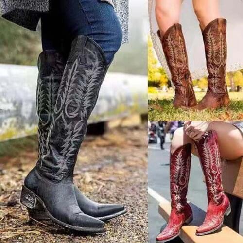 Vintage Winter Womens Platform Boots PU Leather 2021 British Style Knee-High Retro Embroidered Knight Boots Pointed Toe Shoes