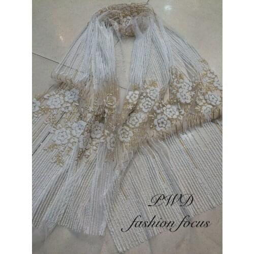 Pearl Bead African Lace Fabric White Gold Glitter French Net Tulle Sequins Lace Fabric for Party Wedding Dress