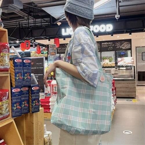 Women Double-sided Shoulder Bag Canvas Tote High-capacity Shopping Student School Package Books Pure Color Grid Simple Pink Blue