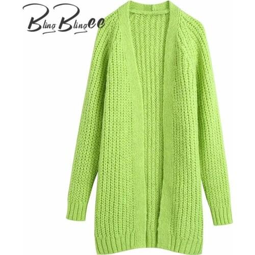 BlingBlingee Za 2021 Autumn Woman Traf Jacket Raglan Sleeve Chunky Knit Cardigan Open Stitch Casual Long Loose Sweater Green