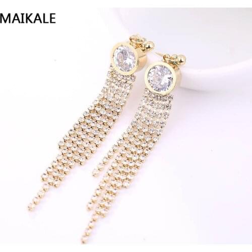 MAIKALE Vintage Tassel Chain Long Earrings Crystal Beads Gold Silver Color Round Zirconia Stud Earrings for Women Party Jewelry