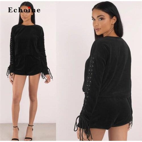 Soft Velvet 2 Pcs Set Women Tracksuit Sexy Grommet Bandage Lace Up O-Neck Hoodie Tops Casual Suit Short Pants Streetwear Clothes