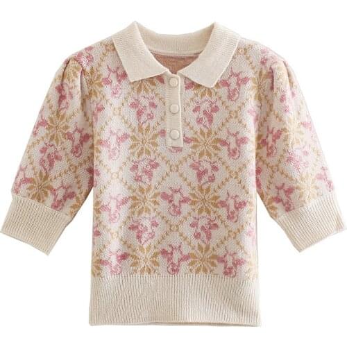 Women 2021 Summer Fashion Animal Jacquard Knitted Sweater Vintage Lapel Collar Short Sleeve Female Pullovers Chic Tops Knitwear