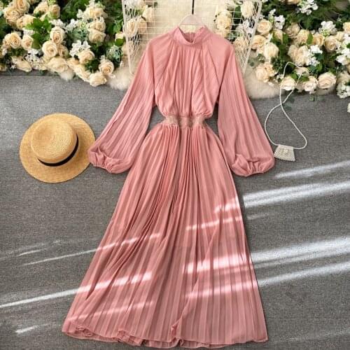 2021 New Runway Autumn Pink Chiffon Dresses French Elegant Women Stand Collar Female Lantern Sleeve Long Pleated Robe Vestidos