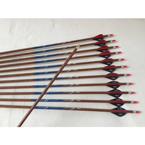 12pcs carbon arrow wood skin arrow shaft spine400 ID6.2mm arrow nock insert 100grain replaced arrowhead for compound bow hunting