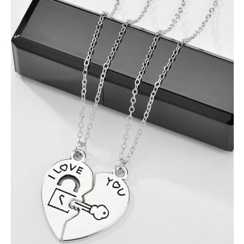 2 PCs/Set Couple Necklace for Women and Men Two Pieces of Heart Pendant Paired Key Lock Rope Necklace Valentines Day Present