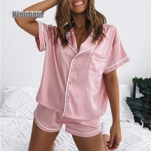 2021 Women Turn Down Collar Short Sleeve Christmas Plain Casual Pajama Sets Colorblock Satin Short Sleeve Pajamas Set
