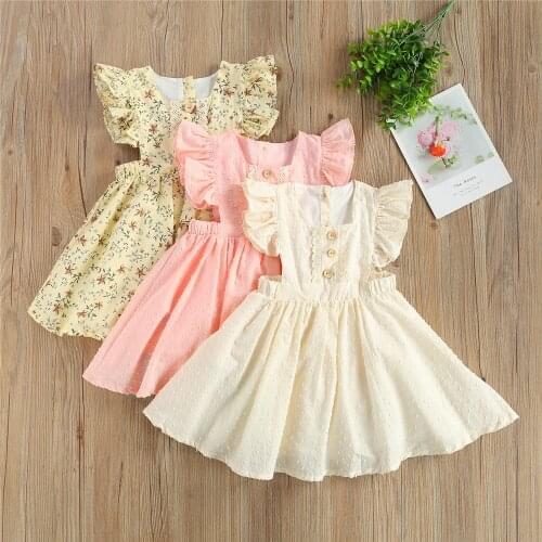 2021 Summer Kids Baby Girls Ruffle Sleeve Dress Toddler Children Stylish A-Line Lace Patchwork Party Princess Dress Floral/Solid