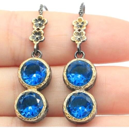 54x15mm Sublime Antique Vintage Created Purple Amethyst Paris Blue Topaz Womans Black Gold Silver Earrings