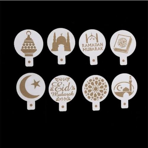 8pcs Pet Eid Mubarak Ramadan Coffee Printing Template Spray Stencil Set Diy Fondant Cake Biscuits Decoration Tools Drink Decor