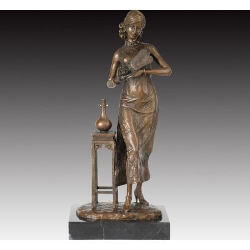 Bronze Chinese Elegant Woman with Fan Statue Sculpture Vintage Woman Figurine Art for Collection Decoration