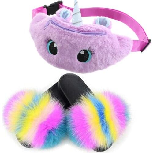 Children Slippers Baby Fluffy Slippers Children Summer Sandals Children Plush Fanny Pack Cute Unicorn Cartoon Bag Plush Bag