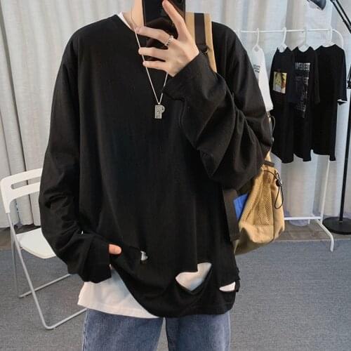 2021 New Men T-shirt Hip Hop Long Sleeves Ripped Style Oversize Tops High Street Casual Tshirt Men Couple Loose Bottoming Shirt