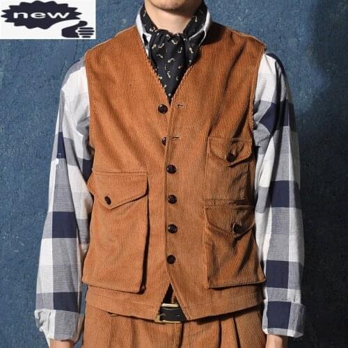 Harajuku Mens Single Breasted Pockets Cargo Sleeveless Jacket Short Gilet Vintage Corduroy Waistcoat Outerwear Tops Male Vests
