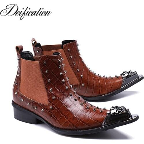 Deification Hot Fashion Tan Pointed Toe Western Motorcycle Boots Rivet Studded Mens Dress Shoes Military boots Botas Large Size