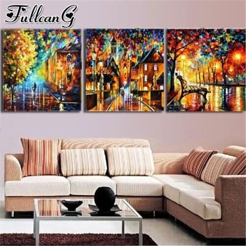 FULLCANG 5d diy diamond embroidery Abstract colorful landscape triptych painting full square round mosaic pattern kit FC2795