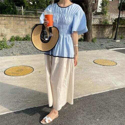 Gentle Temperament Color Matching Pleated Waist Dress