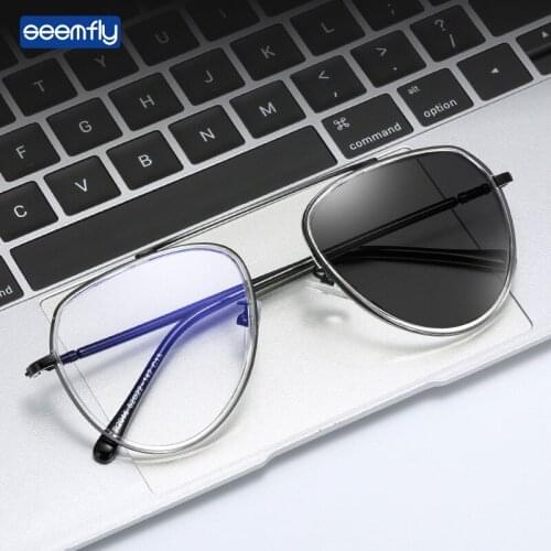 Seemfly 2021 New Pilot Metal TR90 Glasses Frame Vintage Fashion Men Women Oval Eyewear Intelligent Color Change Plain Glasses