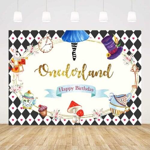 Newborn in wonderland party backdrop onederland happy birthday background for photo shoot lattice rabbit tea party Photocall
