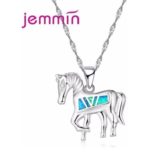 Cute Horse Necklace Blue Fire Opal Necklaces & Pendants Fashion Women 925 Sterling Silver Animal Jewelry Birthday Gift