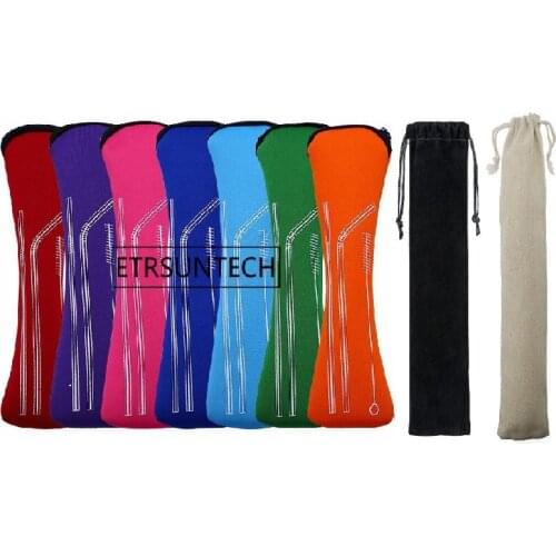 Portable Stainless Steel Metal Straw Neoprene Bag with zipper Cloth bags Reusable Drinking Straw Bag Travel Camping Storage Bag
