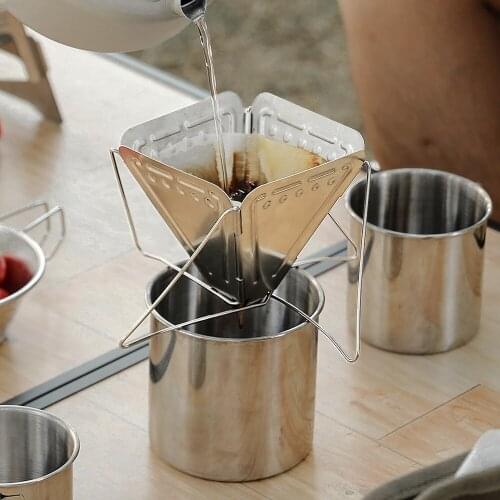 Portable Outdoor Camping Coffee Filter Dripper Holder Stainless Steel Folding Funnel with Stand Rack Camping Pour Over Drip Cone