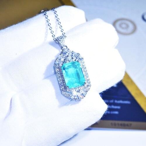 QTT Jewelry Vintage Square Paraiba Tourmaline Gemstone Necklace Pendents 925 Sterling Silver Long Necklace for Women Link Chain