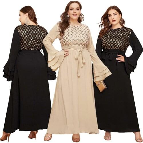 Ramadan Muslim Women Sequins Long Sleeve Maxi Dress Abaya Robe Kaftan Fashion Islamic Caftan Party Arab Gown Dubai Clothing
