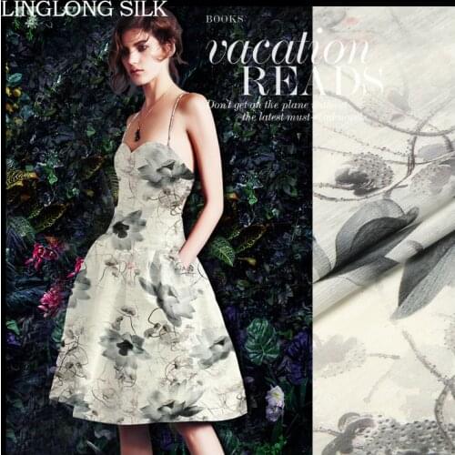 SILK LINEN FABRIC 14m/m Width 55"-140cm30%Pure Silk+70%Linen Fashion Summer Dress Silk Fabric Digital Printing Floral Pattern