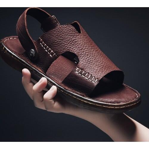 Summer Fashion Men Shoes Vintage Real Leather Non-slip Beach Slip-On Sandals Travel Flip Flop Slippers Black Brown