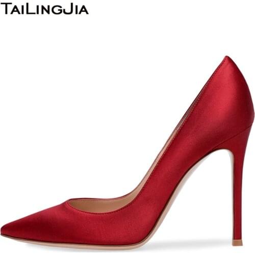 Latest Pointed Toe Red Satin High Heels Women Black Court Shoes Heeled Nude Basic Pumps Ladies Pink Dress Shoes Large Size 2019