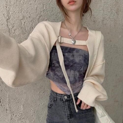 Knitted cardigan ladies all-match long-sleeved tops spring and autumn new fashion loose short blouses solid color sweater women
