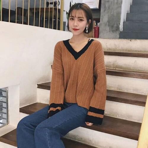 Japanese Autumn Women Sweater Harajuku V-neck Oversize Long Sleeve Knitted Pullover Solid Color Female Punk Jumper