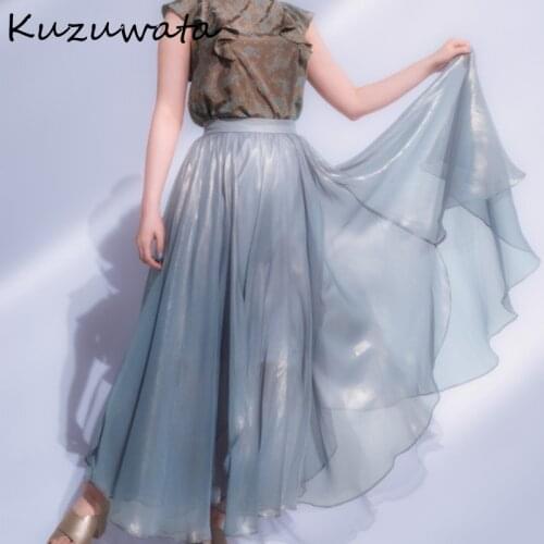 Kuzuwata High Waist Hip A Line Slim Skirt Women Pleat Design Glitter Asymmetrical Jupe Femme Spring Summer Outwear New Faldas